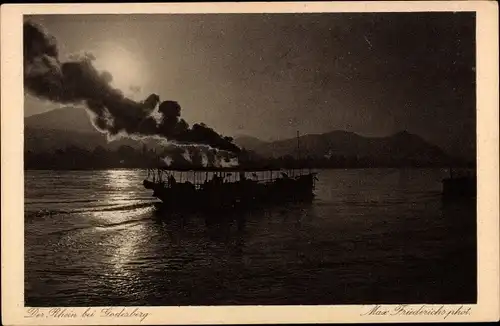 Ak Bad Godesberg Bonn am Rhein, Rheinpartie, Sonnenuntergang, Schiff