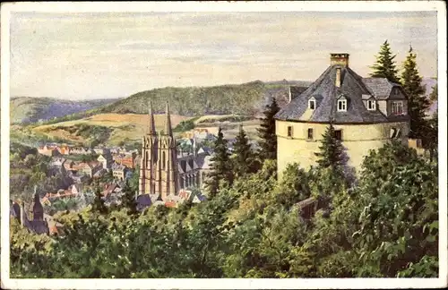 Künstler Ak Lindegreen, K, Marburg an der Lahn, Blick von der Hexenkanzel des Schlosses, Kirche