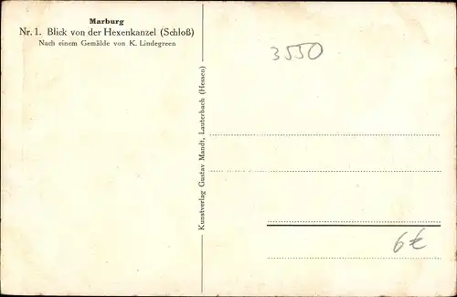 Künstler Ak Lindegreen, K, Marburg an der Lahn, Blick von der Hexenkanzel des Schlosses, Kirche