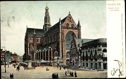 Ak Haarlem Nordholland Niederlande, Groote Kerk met Markt, Denkmal