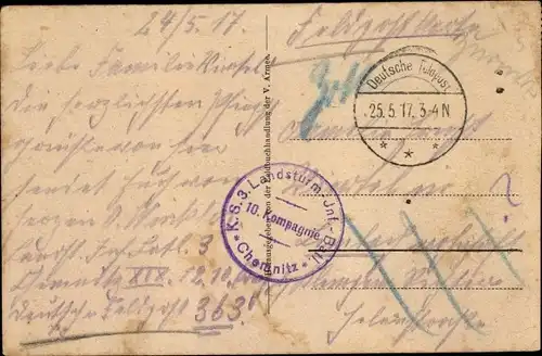 Ak Stempel Deutsche Feldpost 1. WK, K. S. 3. Landsturm Inf. Batl. Chemnitz, 10. Kompagnie