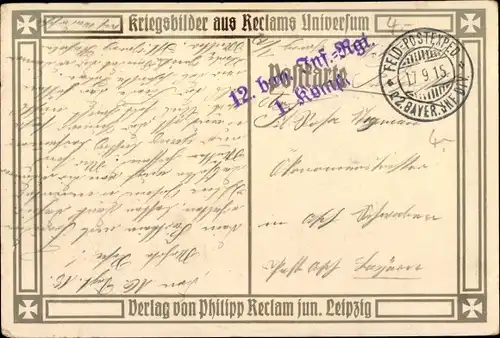 Ak Stempel Deutsche Feldpost 1. WK, 2. Bayer. Inf. Div., 12. Bay. Inf. Regt., 1. Komp.