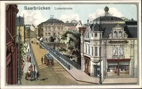Litho Saarbrücken im Saarland, Luisenbrücke, Straßenbahn