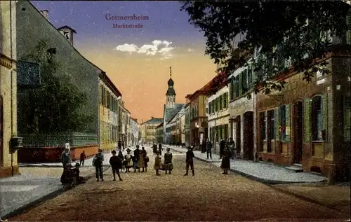 Ak Germersheim am Rhein, Marktstraße mit Passanten und Kirche