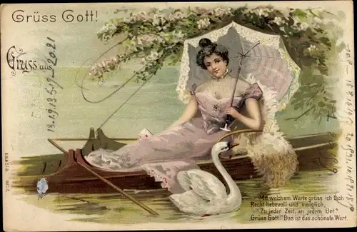 Litho Frau im Ruderboot, Sonnenschirm, Teich, Schwan
