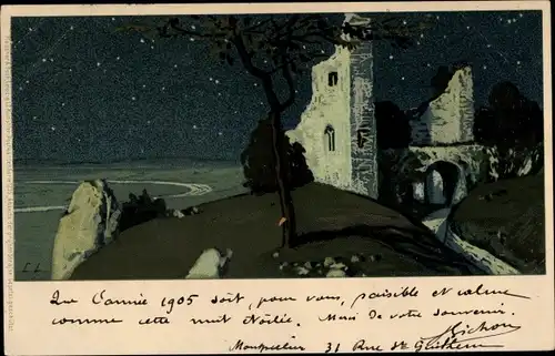 Künstler Litho Burgruine bei Nacht, Sternenhimmel