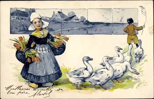 Präge Ak Mädchen in Niederländischer Tracht, Delfter Kacheln, Tulpen, Gänse