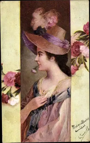 Ak Portrait einer Frau mit Strohhut, Nelken