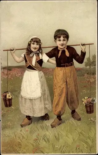 Litho Junge und Mädchen mit Holzschuhen
