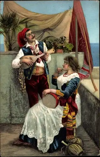 Ak Paar mit Musikinstrumenten in italienischen Trachten