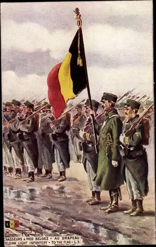 Künstler Ak Chasseurs a Pied Belges, Au Drapeau