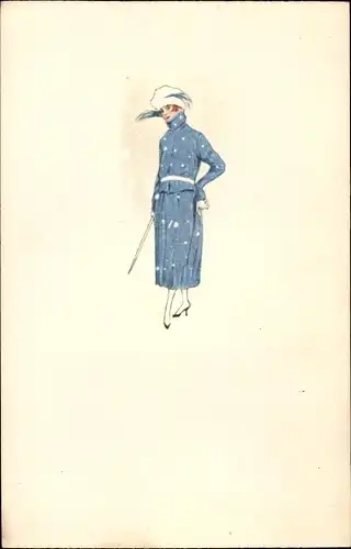 Künstler Ak Frau in blauem Wintermantel mit Hut