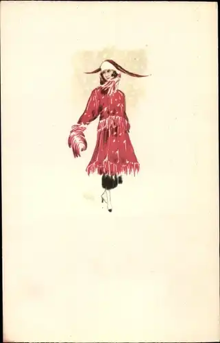 Künstler Ak Frau in rotem Mantel mit Hut
