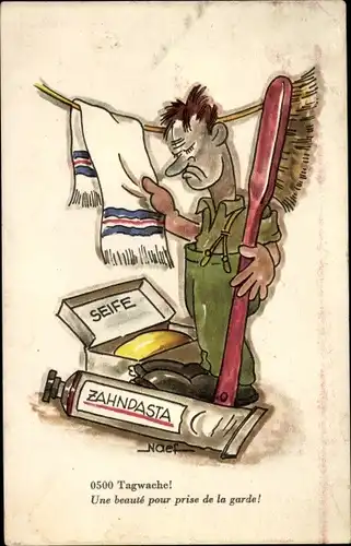 Künstler Ak Naef, Tagwache, Une beaute pour prise de la garde, Zahnpasta, Zahnbürste