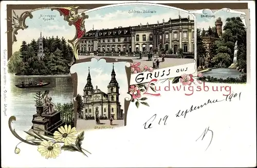 Litho Ludwigsburg in Württemberg, Monrepos Kapelle, Schloss, Emichsburg, Stadtkirche