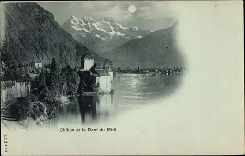 Mondschein Ak Chillon Kt. Waadt Schweiz, la Dent du Midi, Château