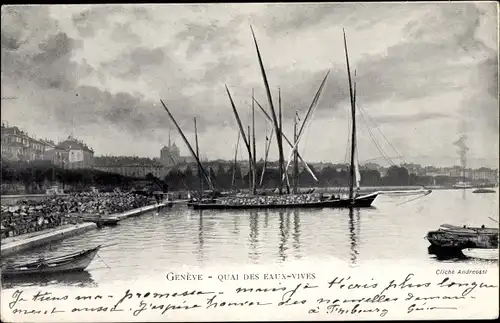 Ak Genève Genf Stadt, Quai des Eaux Vives, Hafenpartie, Segelschiff mit Baumaterialien, Steine