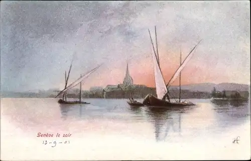 Künstler Ak Genève Genf Stadt, Abendstimmung, Segelboote