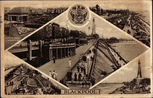 Wappen Ak Blackpool Lancashire England, Central Promenade, North Shore Gardens, Three Promenades