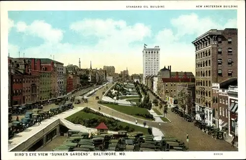 Ak Baltimore Maryland USA, Sunken Gardens, Standard Oil Building, New Amsterdam Building