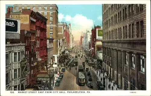 Ak Philadelphia Pennsylvania USA, Market Street east from City Hall, Straßenbahn