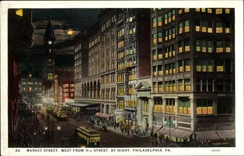 Ak Philadelphia Pennsylvania USA, Market Street west from 11th Street, by night