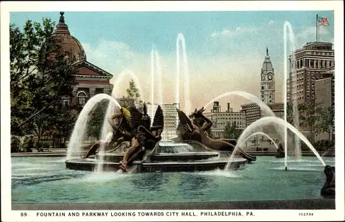Ak Philadelphia Pennsylvania USA, Fountain and Parkway looking towards City Hall