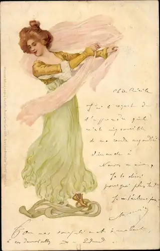 Jugendstil Litho Frau in grünem Kleid mit rosa Tuch