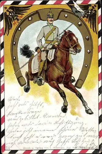 Präge Ak Hufeisen, deutscher Soldat in Uniform, Reiter, Standarte