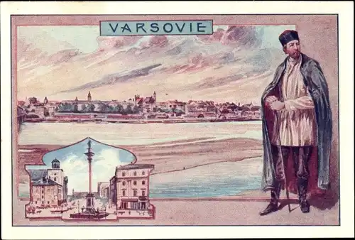 Ak Warszawa Warschau Polen, Stadtansicht, Mann in Tracht, Kolumna Zygmunta