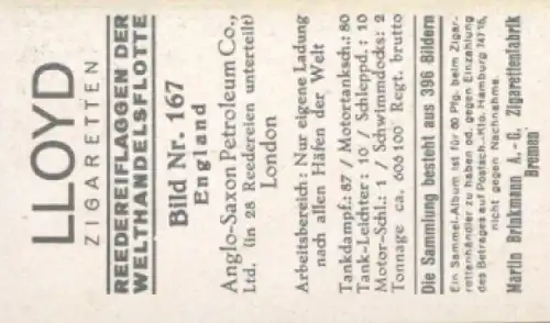 Sammelbild Reedereiflaggen der Welthandelsflotte Nr. 167, Anglo-Saxon Petroleum London