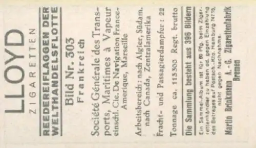 Sammelbild Reedereiflaggen der Welthandelsflotte Nr. 303, Societe Generale des Transports Marseille