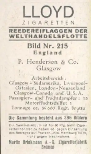 Sammelbild Reedereiflaggen der Welthandelsflotte Nr. 215, P. Henderson & Co. Glasgow