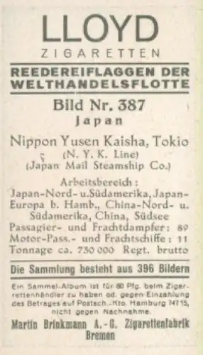 Sammelbild Reedereiflaggen der Welthandelsflotte Nr. 387, Nippon Yusen Kaisha Tokio