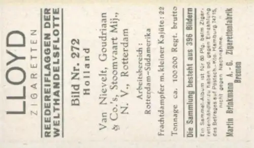 Sammelbild Reedereiflaggen der Welthandelsflotte Nr. 272, Van Nievelt, Goudriaan & Co. Rotterdam