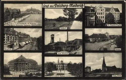 Ak Meiderich Duisburg im Ruhrgebiet, Bahnhof, Zeche Westende, Rathaus, Bergstraße, Stahlwerke