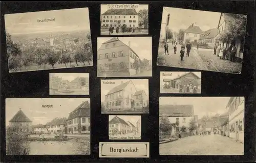Ak Burghaslach Mittelfranken, Brauerei Finster, Kinderheim, Marktplatz, Bahnhof, Schloss