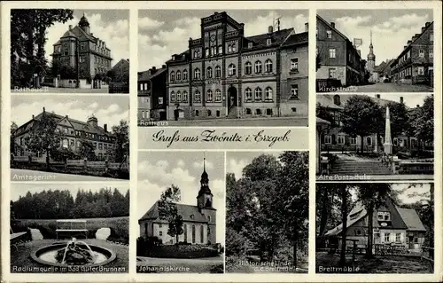 Ak Zwönitz im Erzgebirge Sachsen, Brettmühle, Johanniskirche, Rathaus, Amtsgericht, Postsäule
