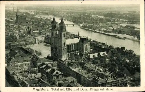 Ak Magdeburg an der Elbe, Totalansicht mit Elbe und Dom, Fliegeraufnahme