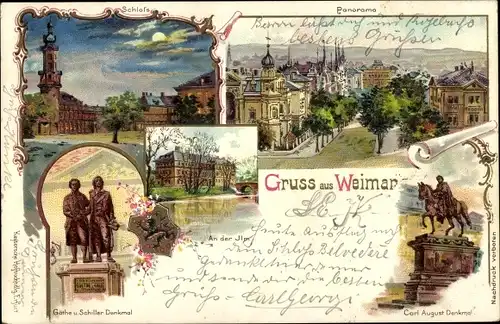 Litho Weimar in Thüringen, Schloss, Panorama, Ilmpartie, Denkmal Carl August, Goethe u. Schiller