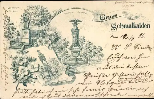 Litho Schmalkalden im Thüringer Wald, Kriegerdenkmal, Carl Wilhelm Denkmal, Lutherbrunnen