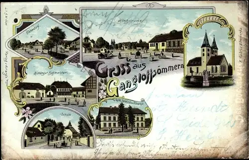 Litho Gangloffsömmern in Thüringen, Königstraße, Schule, Rittergut Hofmeister, Kirche, Unterdorf