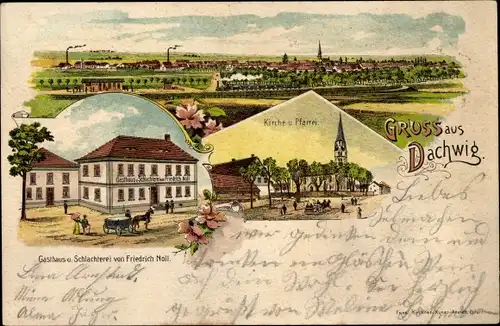 Litho Dachwig in Thüringen, Panorama, Kirche, Pfarrei, Gasthaus u. Schlachterei