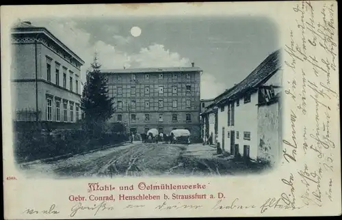 Mondschein Ak Henschleben Straußfurt in Thüringen, Mahl- und Oelmühlenwerke Gebr. Conrad