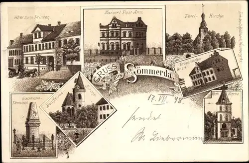 Litho Sömmerda, Hotel zum Prinzen, Kaiserl. Postamt, Petrikirche, Kath. Kirche, Präparandenanstalt