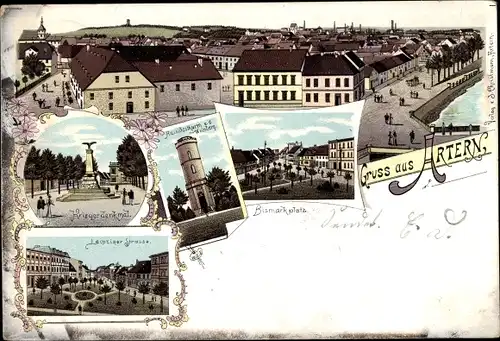 Litho Artern an der Unstrut, Weinberg Aussichtsturm, Bismarckplatz, Leipziger Straße, Kriegerdenkmal