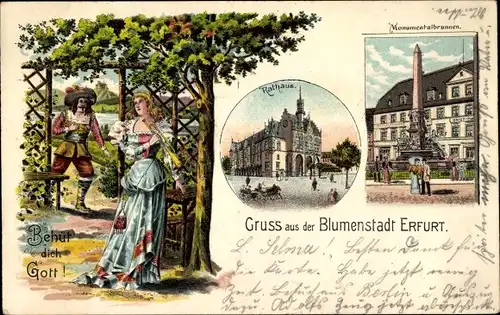 Litho Erfurt in Thüringen, Rathaus, Monumentalbrunnen, Behüt dich Gott, Trompeter von Säckingen