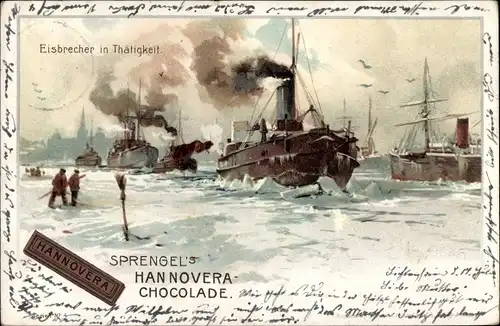 Künstler Litho Stöwer, Willy, Reklame, Sprengel's Hannovera Chocolade, Eisbrecher in Tätigkeit