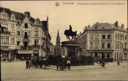 Ak Ostende Westflandern, Monument Léopold Ier et Église St. Joseph, Hôtel de la Commune