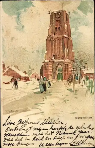 Künstler Litho Henri Cassiers Woudrichem Nordbrabant, Fussgänger am Turm